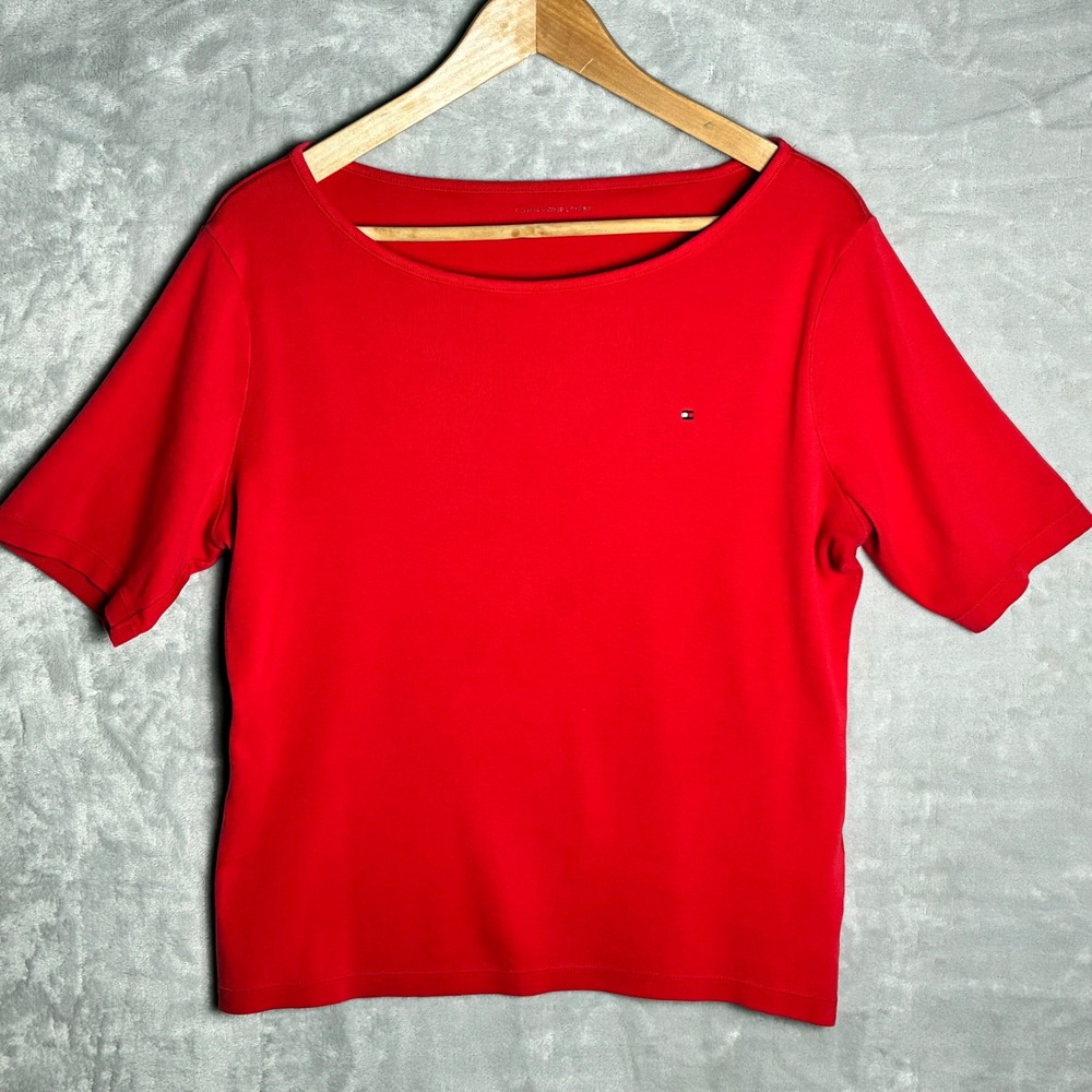Tommy Hilfiger Womens Red Boat Neck Short Sleeve Ribbed Top Large —0229